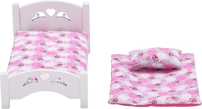 Dollhouse Furniture mini Kid’s Bed Set, Realistic Bedroom Accessories for 6 inch Dolls, Pink Bedding, White Wood, 1/12 Scale