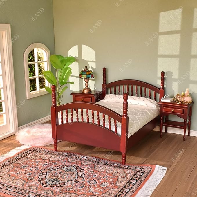 iLAND Vintage Dollhouse Furniture 1/12 Scale, Dollhouse Bedroom Furniture in Mahogany Color incl Dollhouse Bed & Mirror Full Length & Wardrobe & Bedside Table & Rocking Chair (Brewster 7pcs)