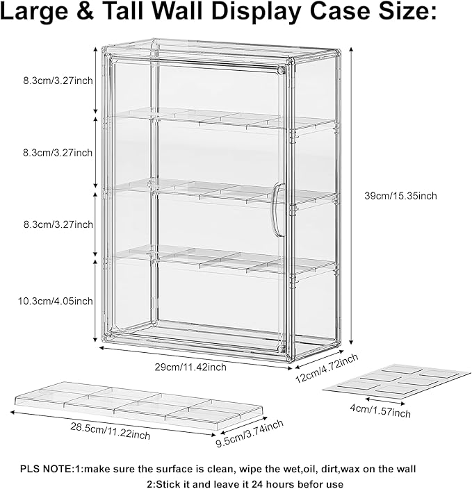 Clear 4 Tiers Acrylic Display Case for Figures Collectibles Wall Mounted Hobby Figurine Display Case with Shelves, Display Shelf Storage Box for Labubu Action Figures, Car Model, XXL, 2 Pack