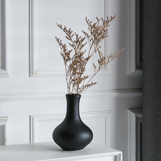 Small Black Vases, Ceramic Bud Vase Set of 5, Mini Pottery Vases for Pampas Grass, Flowers, Decorative Vases for Home Modern Decor, Rustic Decor, Veses for Living Room Dining Table Shelves