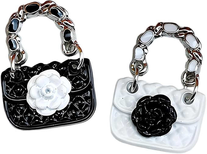 2 Pcs Miniature Fashion Girl Handbags with Rose Pattern – 1:12 Scale White & Black Metal Satchels, Tiny Dollhouse Accessories for Micro Scene Decoration, DIY Display, Collectible & Creative Home Décor