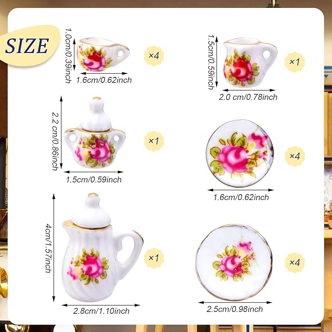 Skylety 37 Pieces 1:12 Scale Miniatures Dollhouse Kitchen Accessories Include 16 Plates Knife Fork Spoon, 6 Egg Beater Utensil, 15 Tea Cup Set(Red Rose)