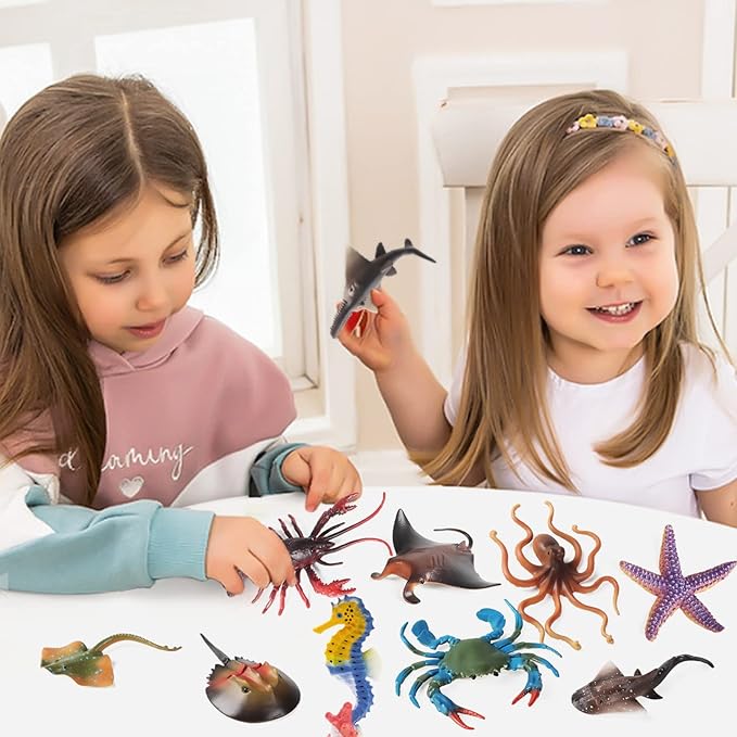 10Pcs Ocean Animals Toys Figures, Large Plastic Sea Creature Figurines Seahorse Starfish Crab Lobster Octopus Devilfish Rays Shark for Kids Educational Birthday Party Favors Cake Decoration Bath Toy