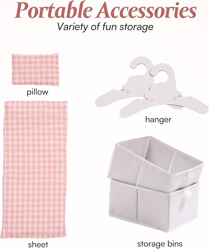 ROBOTIME Baby Doll Crib, Wooden Doll Bed, Toy Baby Crib with Storage, Bedding, and Wooden Hooks, Doll Crib Fits Dolls up to 21", Doll Furniture for American Girls Ages 3+ (Pink)