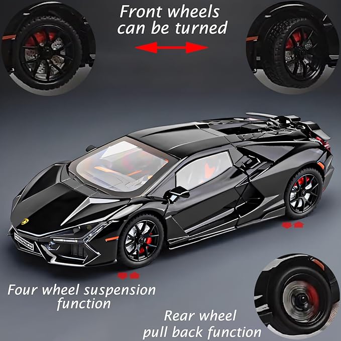 Alloy Collectible 1/24 Black Lambo Revuelto Toy Pull Back Vehicles Diecast Cars Model with Light & Sound