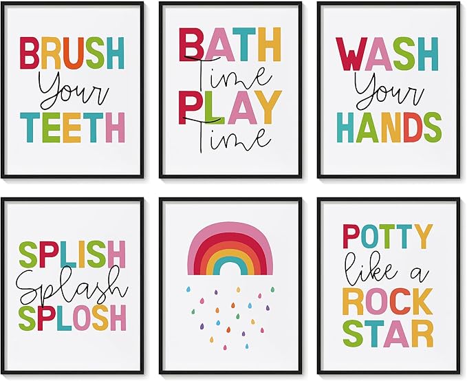 seersillus So Fresh and Clean Colorful Bathroom Wall Art Prints Home Kid Bathroom Set, Washroom Restroom Nursery Toilet Laundry Decor,Funny Bathroom Rules Wall Decor, Unframed 6pcs 8x10inches