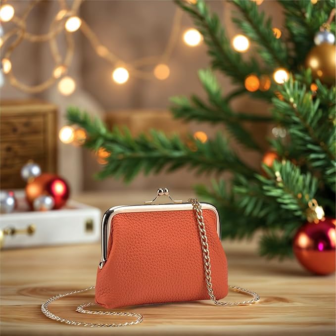 Cute Small Coin Purse & Credit Card Holder for Women Fashion Crossbody Chain Wallet Leather Coin Pouch Change Purse for Cash Key (Orange)
