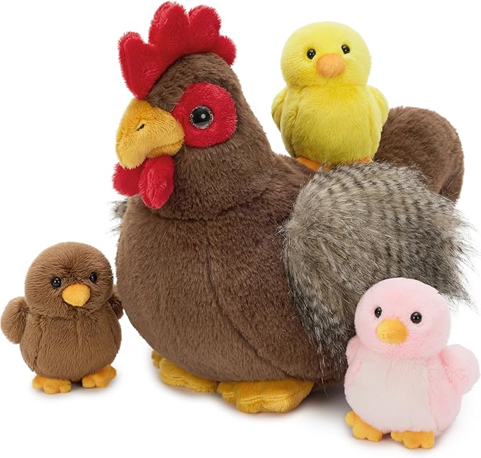 4 Pcs Chicken Plush Set, Mom Hen Stuffed Animal with 3 Stuffed Wind Up Chicks Toy in Mother Chicken's Belly, Christmas Birthday Gift for Kids Girls Boys, Animal Theme Party Decor