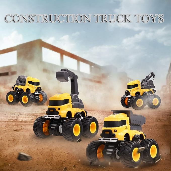 Construction Truck Toys, Push and Go Toy Trucks for Toddlers Kids Age 3-8, 4 Pack Friction Powered Car Toys Include Crane Mixer Excavator Dump Truck Best Christmas Birthday Gift for Boys Girls