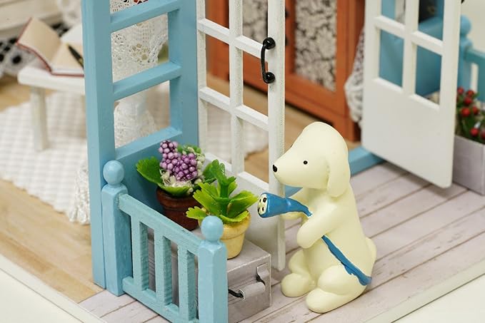 DIY Miniature Dollhouse Kits - Wooden Mini Model House with LED Lights, Tiny Furniture & Accessories – Craft Building Kits for Adults – Birthday Christmas Valentine's Gift- Blue Times
