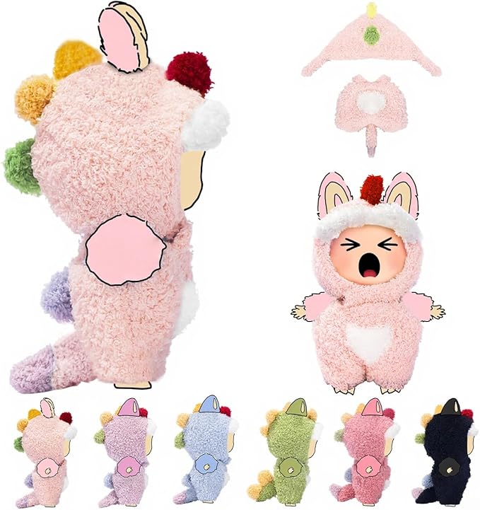17cm (6.7inch) Doll Clothes, Outfits for Clothes Set, Dino Dolls Keychain Accessories, Faking Animal Style Outfit Jumpsuit Dinosaur Costume for Dolls (Light Pink) (Doll Not Included)