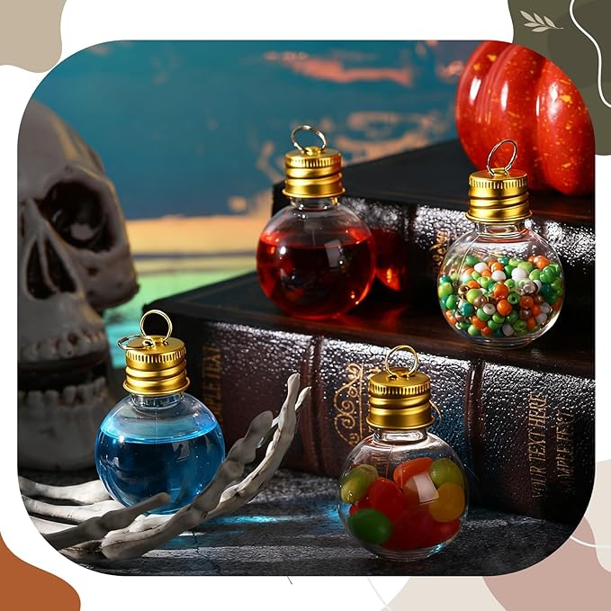 Bokon 50 Pack 1oz Mini Plastic Potion Bottles with Lids, Small Sand Art Bottles Ball Shaped Jar Tiny Clear Wishing Vial for Birthday Christmas Ornaments Halloween Party Decoration DIY Craft (Gold)