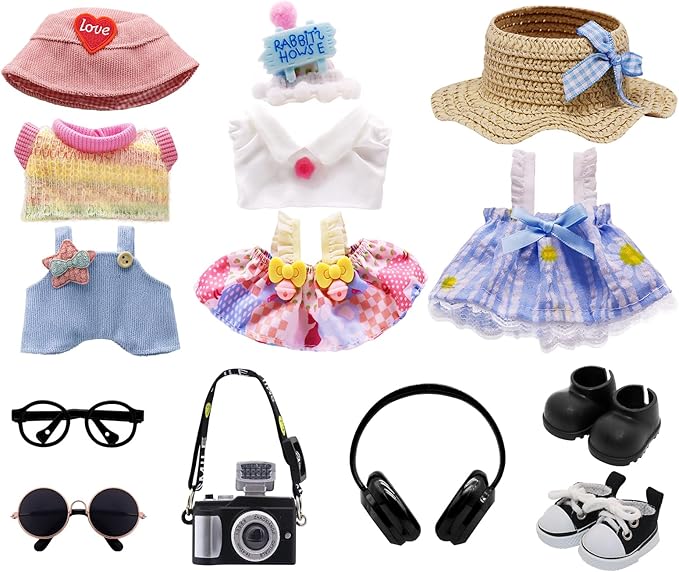 Clothes for Labubu, 9-piece Clothes and Accessories Set Designed for Labubu Doll Clothes, Includes Glasses, Goggles, Boots, Black Canvas Shoes, Headphones, Camera, and Accessories for Labubu - Style A