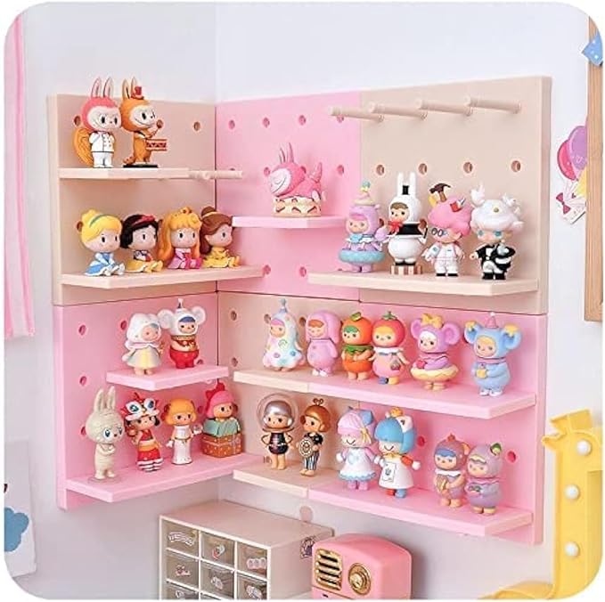 HGYZE Peg Boards for Walls with Shelf & Hooks, No Punching Craft Room Storage for Bedroom Garage Living Room Office, Pegboard Ledges Organizer, 4 Pack Decorative Wall Panel Kits for Blindboxes (Pink)