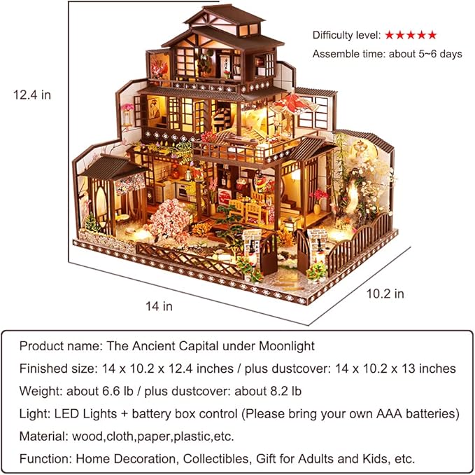 Yuzhen DIY Miniature Dollhouse Kit with Furniture and LED Lights, Japanese Wooden Dollhouse Includes Dustcover and Music Box, Decent Gift for Adults or Kids