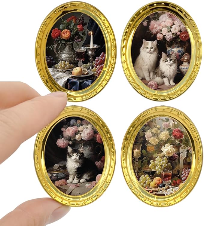 iLAND Miniature Dollhouse Accessories, 4 Dollhouse Picture Frames Set w/Printed Paintings (4 Golden Oval Frames w/ 4 Pictures)