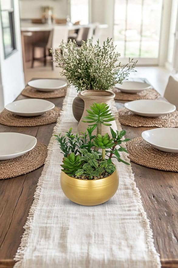DILATATA Artificial Succulent Plants in Gold Pot Faux Succulent Arrangement Fake Potted Plants with Pebbles for Home Office Desk Shelf Table Decor