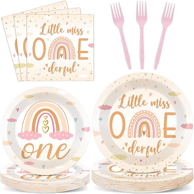 96Pcs Boho Rainbow Party Decorations Miss Little One Derful 1st Themed Tableware Rainbow First Birthday Plates Napkins Forks Onederful 1st Dinnerware Supplies for Baby Shower Birthday Serves 24 Guests