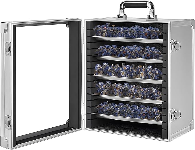Miniature Carrying Storage Case Aluminum Alloy Frame Transport Case, Miniatures Transport Case with Lock and 5 Metal Tray