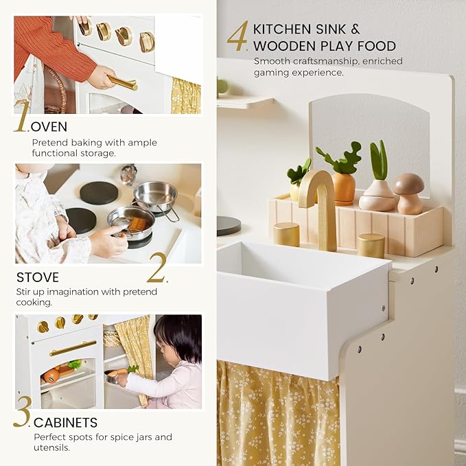 Tiny Land Play Kitchen, Kids Kitchen Playset, Toddler Kitchen with Cutting Food Set, Wooden Kitchen Sets for Kids, Gift for Girls and Boys
