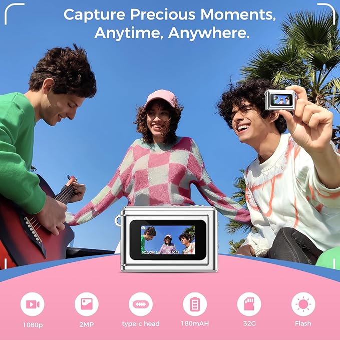 HOTU Mini Keychain Camera, Y2K Portable Mini Digital Camera, 2MP 1080P Video Recording Small Camera with 32GB Card for Kids, Long Battery Life for Travel, Vlog, Silver