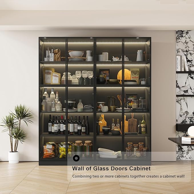 2-Piece Display Cabinet with Glass Doors and Lights, Large Modern Storage Cabinet with 5-Tier Shelves, Trophy Case for Collectibles Living for Room Home Office, Black (63" W)