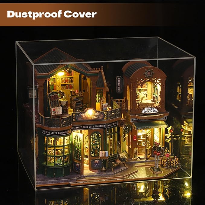 DIY Miniature House Kit, Mini 3D Wooden Books Shop Building Kit, Tiny Dollhouse Kit with Dustproof Cover & Music Movement, Creative Handmade House Craft, Gift for Adults Teens Family Friends