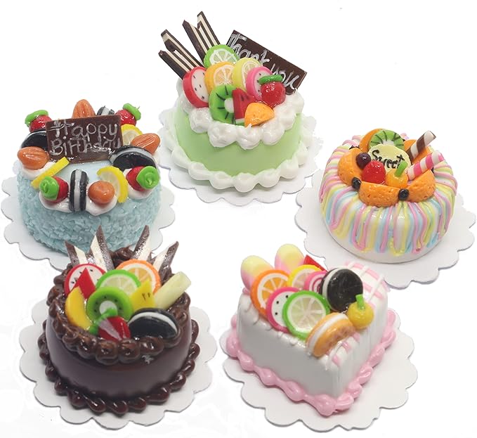 Mixed 5 Assorted Miniature Cakes Dollhouse Food Set, Handmade 1/6 Scale Fake Dessert, 1 Inch Cake Accessories for Collectors & Diorama