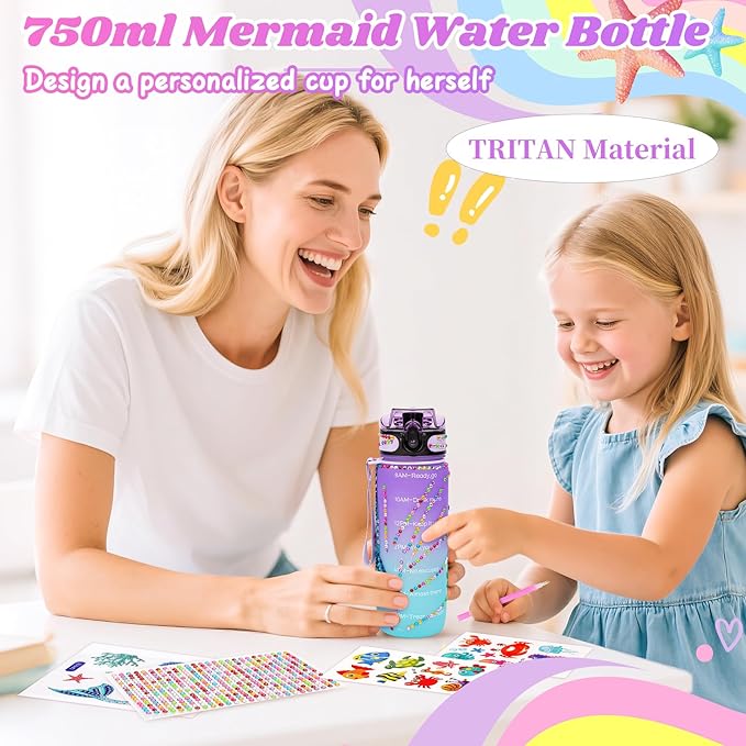 Mermaid Toys Gifts for Girls Age 4-6 7 8 9 10, Unique Girls Birthday Gifts Set with Locked Diary, Kids Purse, Plush Light Up Star Pillow, DIY Water Bottle Kits, for Christmas