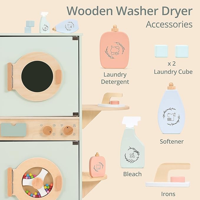 Pillowhale Wooden Washer-Dryer Playset for Kids – 2-in-1 Laundry Center Toy, Dual-Opening Doors, Spinning Drum & Click-Knobs, Basket + Iron Accessories – Montessori Pretend Play Gift Ages 3-6