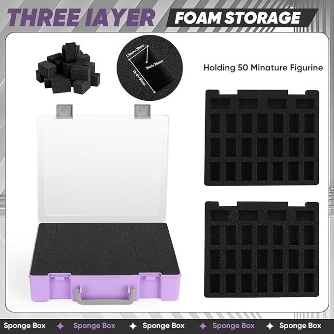 Miniature Storage Carrying Figure Case - 50 Slot Figurine Minature Carrying Case with 2 Foam Layer for Miniatures Compatible with 40k, DND & More (Purple)