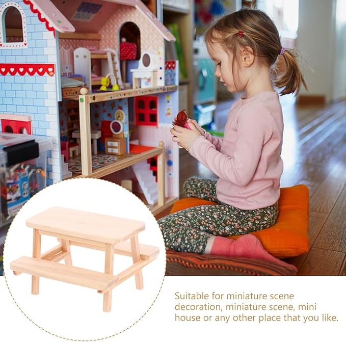Dollhouse Furniture Mini Wooden Table Model 1:12 Doll House Picnic Table Chair Tiny House Decor Dining for Doll House Kitchen Accessories
