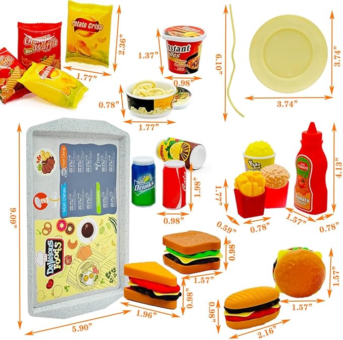 Pretend Play Kitchen Mini Foods Set for Kids Hamburger Fries Noodles Drink with Tray Playset,Play House Kitchen Accessories Role Toys Birthday Gifts for Boys Girls 3 4 5 Yrs (31Pcs Hamburger Chips)