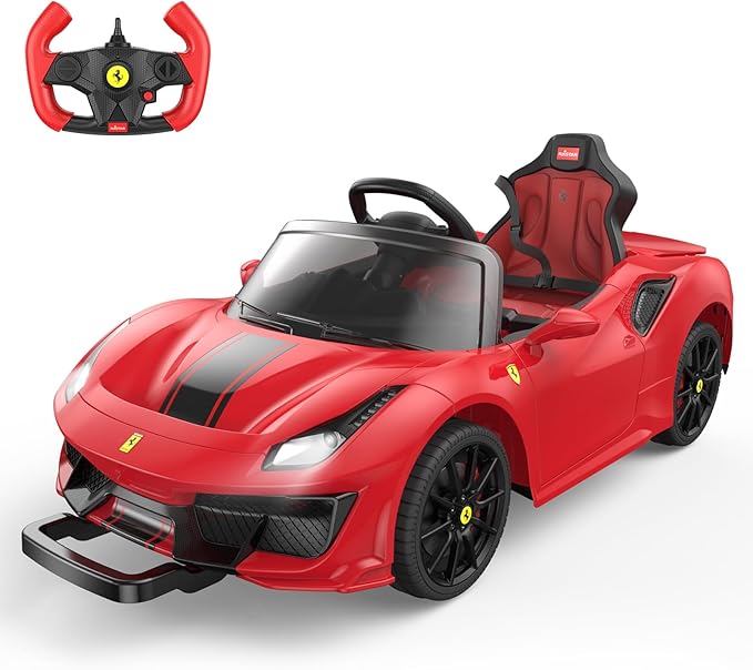 DIKEP 12V Kids Electric Ride On Car, Licensed Ferrari 488 Pista Spider Powered Ride On Toy Vehicle with Remote Control, Speaker, Openable Doors, Leather Seat, Spring Suspension, LED Lights, MP3, Red