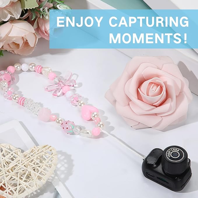 Relaxweex 16GB Mini Keychain Camera Easter Egg Hunt Stuffers with Pink Charm Strap 1080p Small Retro Portable Photo Video Camera 100 Mins Battery Life Micro Video Camcorder for Easte Travel Recording