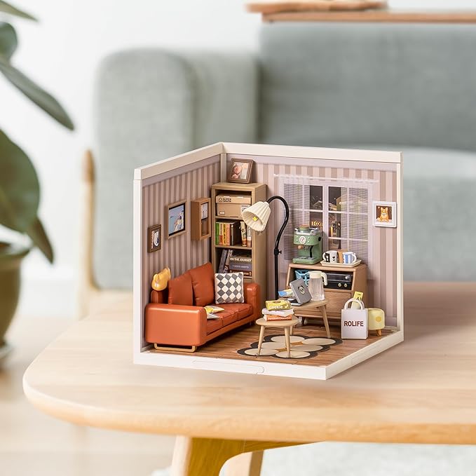 ROBOTIME DIY Miniature House Kit Mini Dollhouse with Accessories Building Toy Set Tiny Room Making Kit with LED Light Hobby Unique Gifts (Cozy Living Lounge)