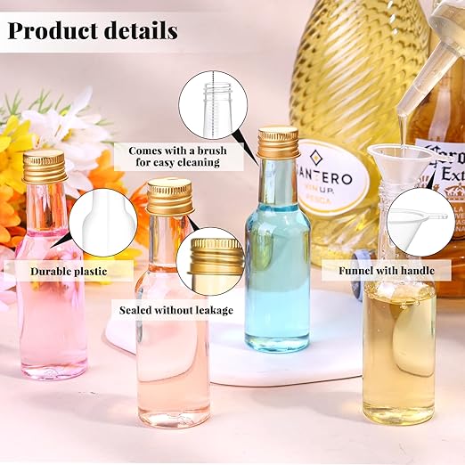 100 Pcs Mini Liquor Bottles, 1.7oz Shot Bottle with Caps 50ml Plastic Spirit Bottles, 4 Liquid Funnels, Kraft Tags, Brush and String, for Wedding, Baby Banquet, Party（Gold Cap）