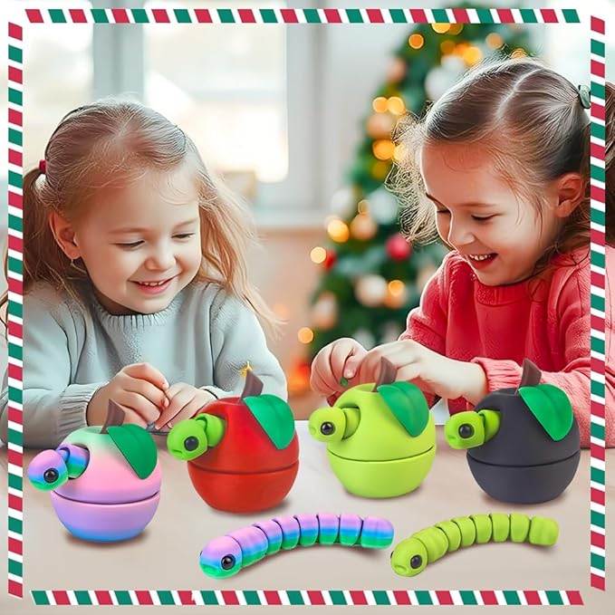 3D Printed Apple Container with Worm Flexi Inside,3D Printed Animals Toys,STEM Educational Toy for Nature Learning,Fun Sensory Fidget Toy for Kids, Unique Fun Decoration (Red)