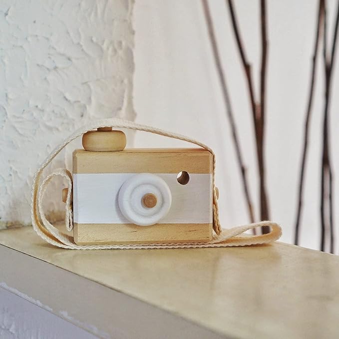 Baby Toy Wooden Mini Camera Toy, Baby Kids Cute Mini Sharpe Toy, Neck Hanging Photographed Props for Baby Toddlers Children Kids' Room Hanging Decor Gift (White-2)