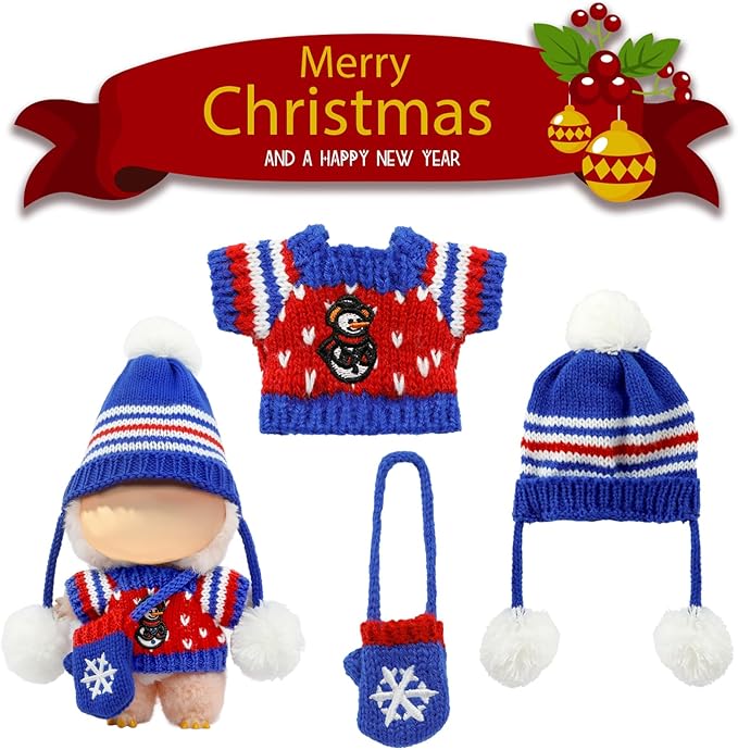 Christmas Clothes for LABUBU Doll (NO Doll), 3-Piece Handcrafted Crochet Christmas Accessories for LABUBU 17cm Dolls, Premium Outfit for LABUBU - Christmas Sweater + Hat + Bag (Blue)