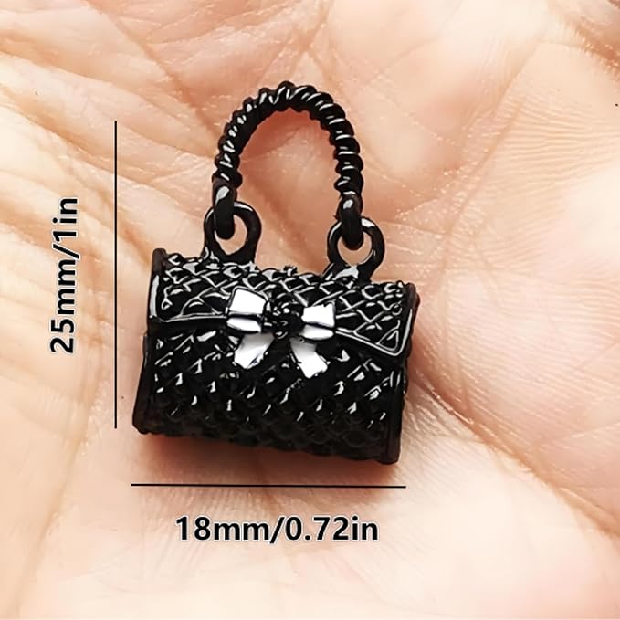 2 Pcs Mini Fashion Girl Handbags with Bow – 1:12 Scale Black Miniature Metal Satchels, Tiny Dollhouse Accessories for Micro Scene Decoration, DIY Display, Collectible Ornaments & Creative Home Décor