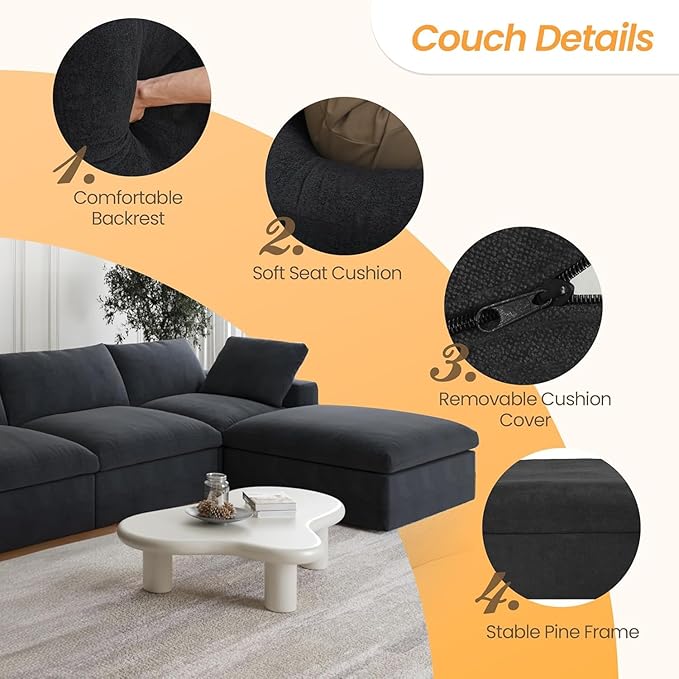 JACH 160" Cloud Sectional Sofa, Modern Overzised Down Filled Comfy Couch, 8 Seater Convertible Modular Cloud Couch for Living Room, Deep Seat Couches, Sofa Covers Removable, Ottomans with Storage