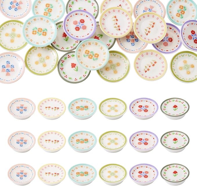 24Pcs Miniature Flower Plate Dollhouse Accessories Resin Mini Tableware Imitation Ceramic Bowl Tiny Dishes Ornaments Micro Landscape Decorations Garden Home Party Decorations Crafts Supplies