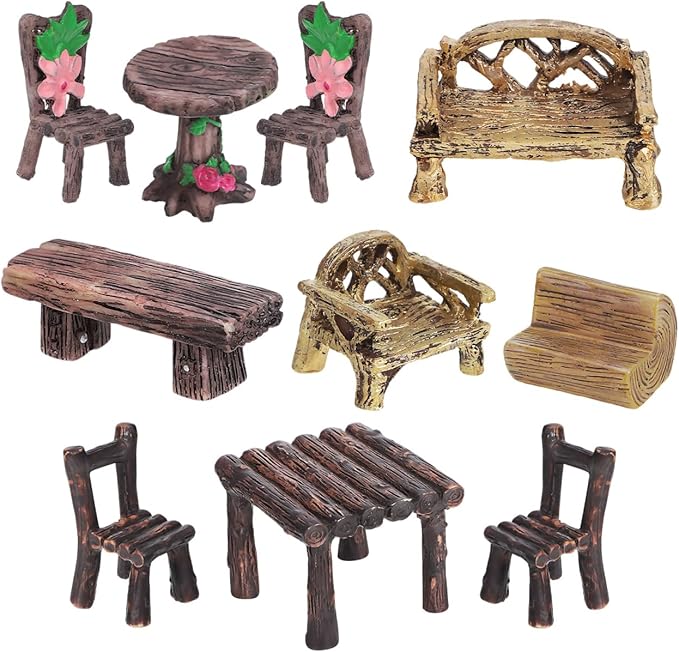 FAVOMOTO 10PCS Miniature Table and Chairs Set, Garden Furniture Ornaments Micro Landscape Decoration Fairy Garden Accessories for Dollhouses Home Decor