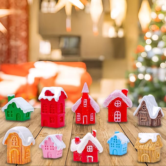 30 Pcs Christmas Mini Village House Figurines with Snowflakes Tiny Little Winter House Miniature Figures for Holiday Crafts Garden Micro Landscape Home Table Decor
