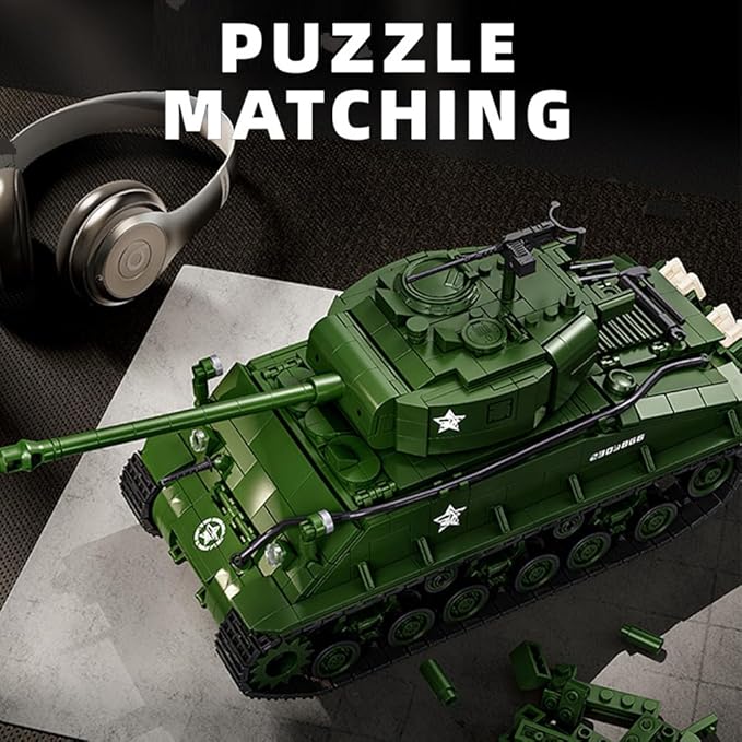 WW2 Military Tank M4 Pershing Heavy Building Block Set, 1703 Pcs WW2 Model with Rotating Gun & Figures, Army Toys for Adults & Collectors