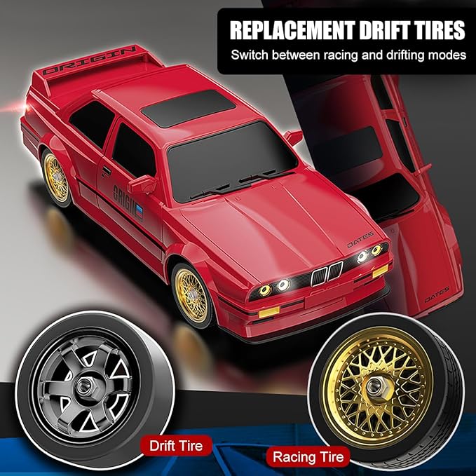 RC Drift Car for Kids Adults 1:16 Scale 2.4Ghz 4WD High Speed RTR Racing Car 30KM/H with Led Lights Remote Control Vehicle Sport Toy Gifts for Girls Boys, Two Batteries and Drift Tire Included