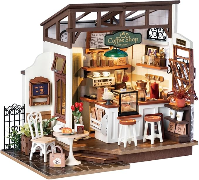 Rowood Coffee Miniature House Kit, DIY Miniature Dollhouse Kits Gifts for Adults to Build, Mayberry Street Miniatures, Wooden Adults Crafts, Mini Model Kits with LED, Birthday for Adult(NO.17 Cafe)