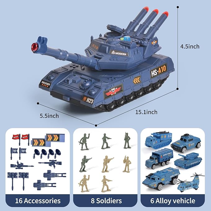 Army Toys - 6 Pcs Alloy Mini Vehicles & 8 Army Men, Military Tank Toys with Light & Sounds, Missiles, Gift for Boys 3-6 Years