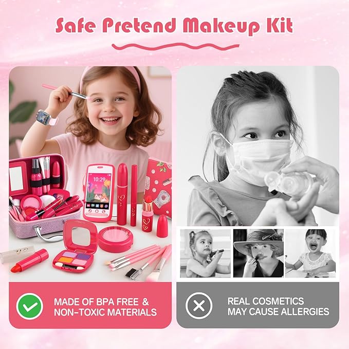 Woumserta Girl Gift Pretend Makeup for Toddlers 3-5 4-6, Fake Makeup Set with Cat Commetic Case, Play Makeup for Kids Age 3 4 5 Year Old, Toddler Make Up Kit for Little Girls Birthday